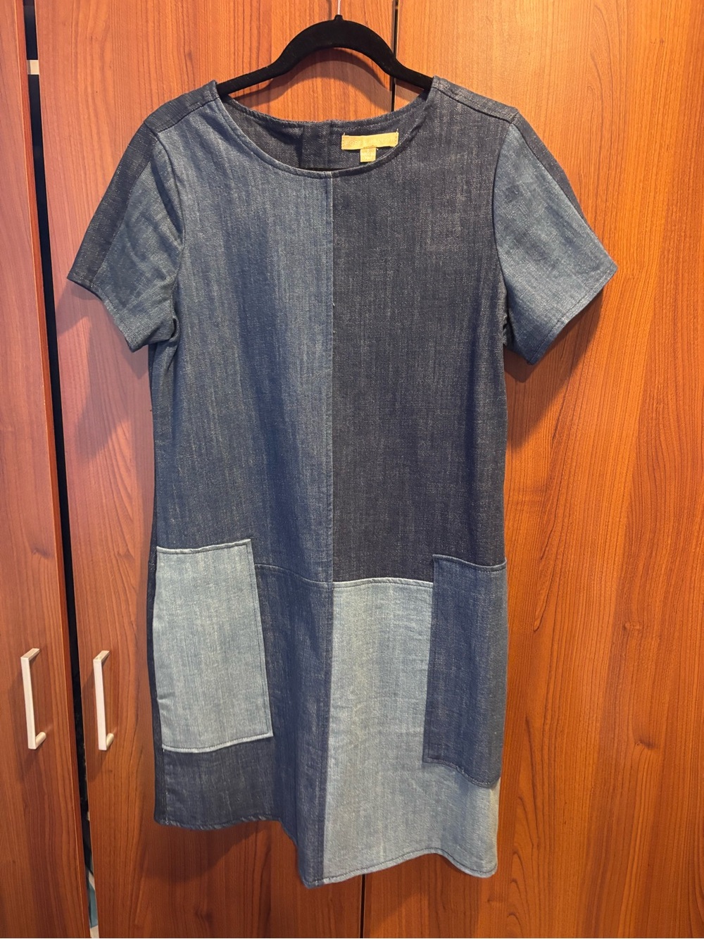 Hope & Harlow Patchwork Denim Shift Dress in Blue